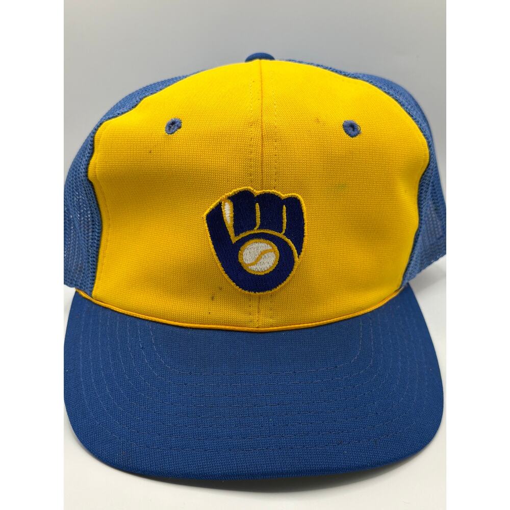 VTG 90s Milwaukee Brewers Yellow Mesh Snapback Baseball Hat MLB Trucker Cap Sz L